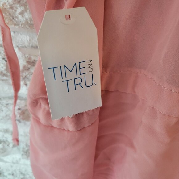 Time Tru Womens Top L XL Tied Sleeve Open Overlay Pink Chiffon Sheer PIN18E - Picture 11 of 12